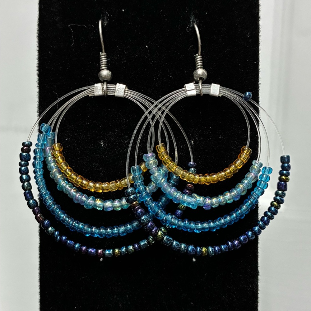 Blue/Gold beaded hoop earrings